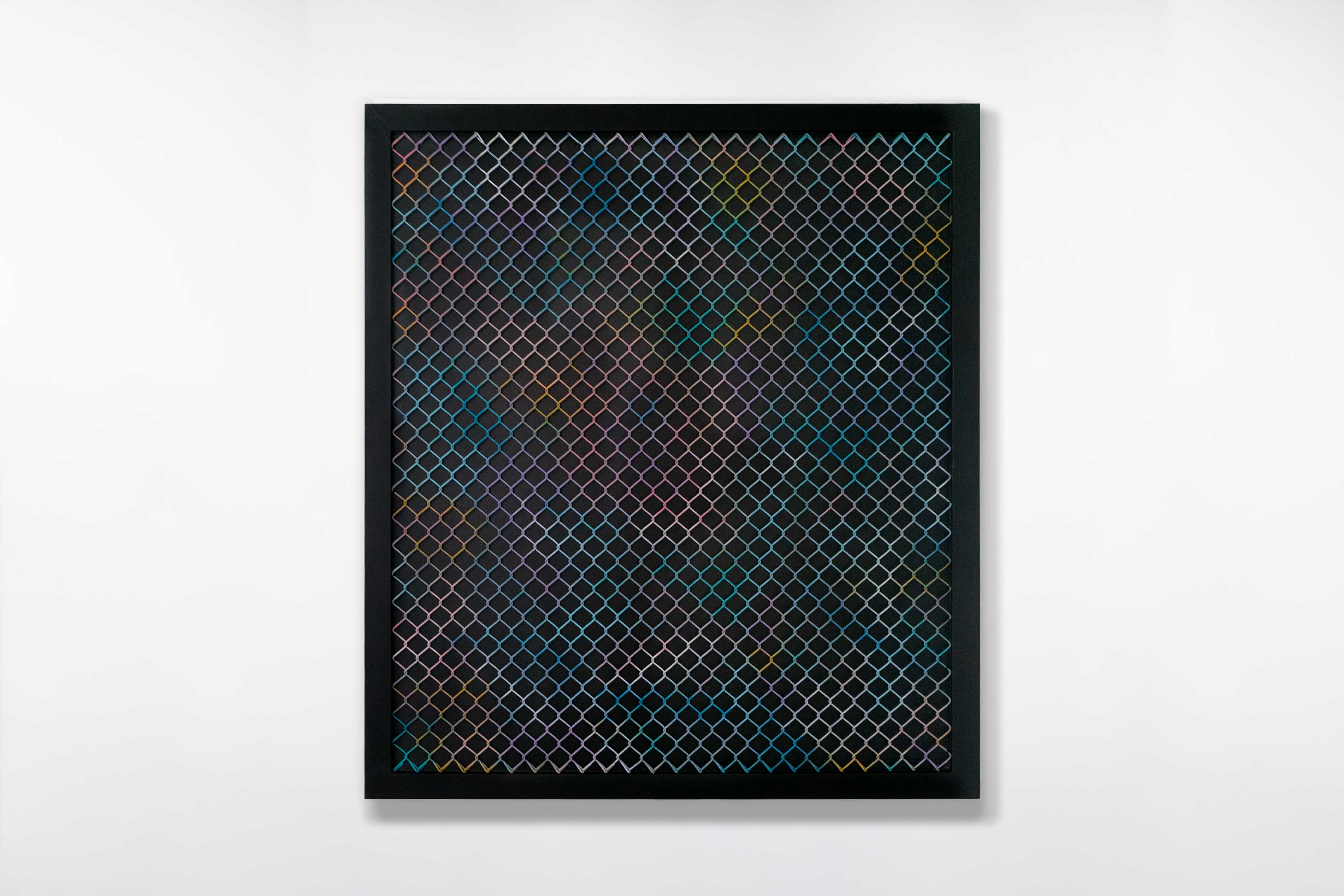 Framed artwork by Cameron Hunt featuring black wire fencing in a diamond pattern over a dark background with subtle colour blending. The underlying gradient includes muted purples, blues, oranges, and greens, adding depth to the geometric overlay.