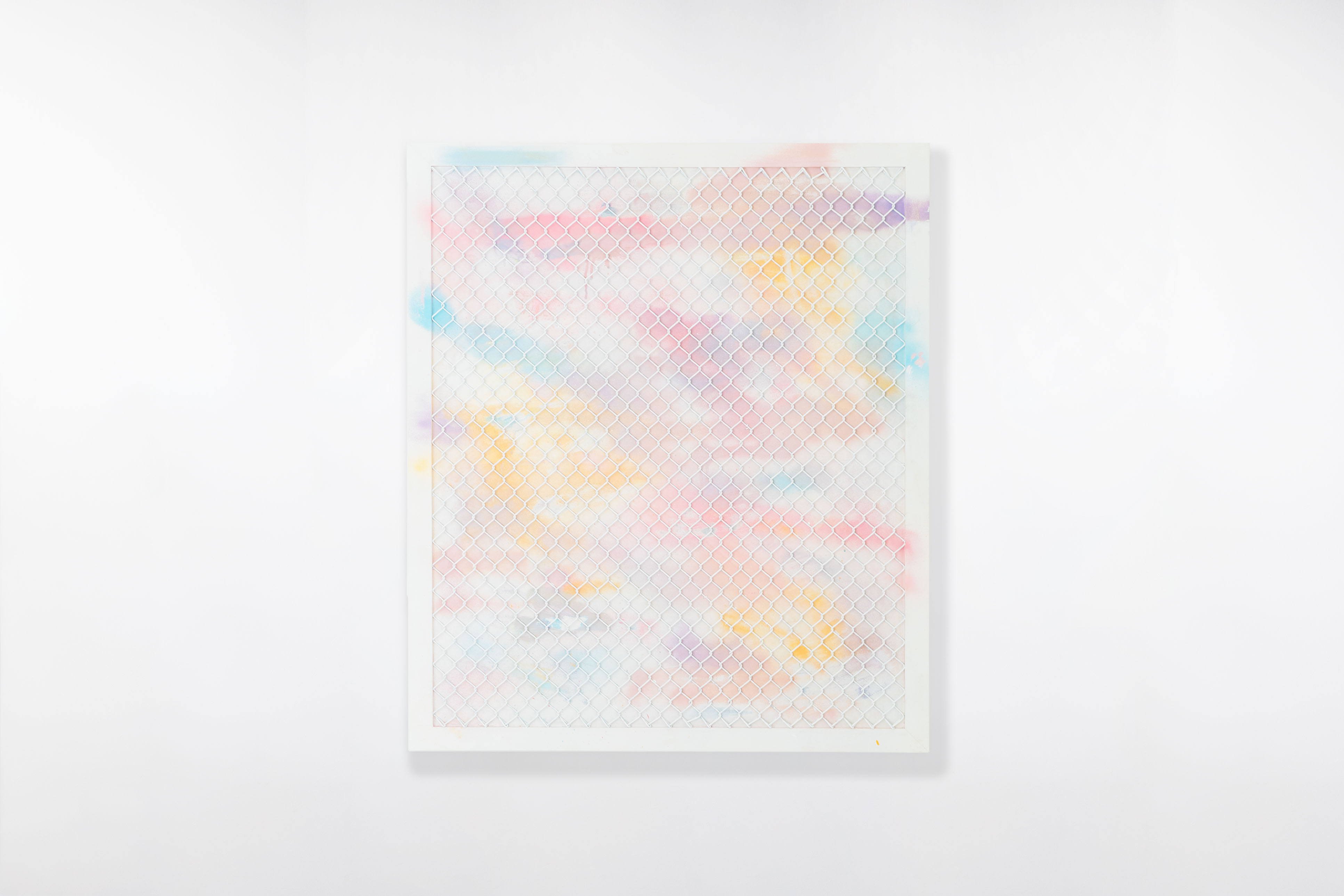 Framed artwork by Cameron Hunt featuring a soft pastel-coloured background in shades of pink, yellow, blue, and purple, overlaid with white diamond-shaped wire fencing.