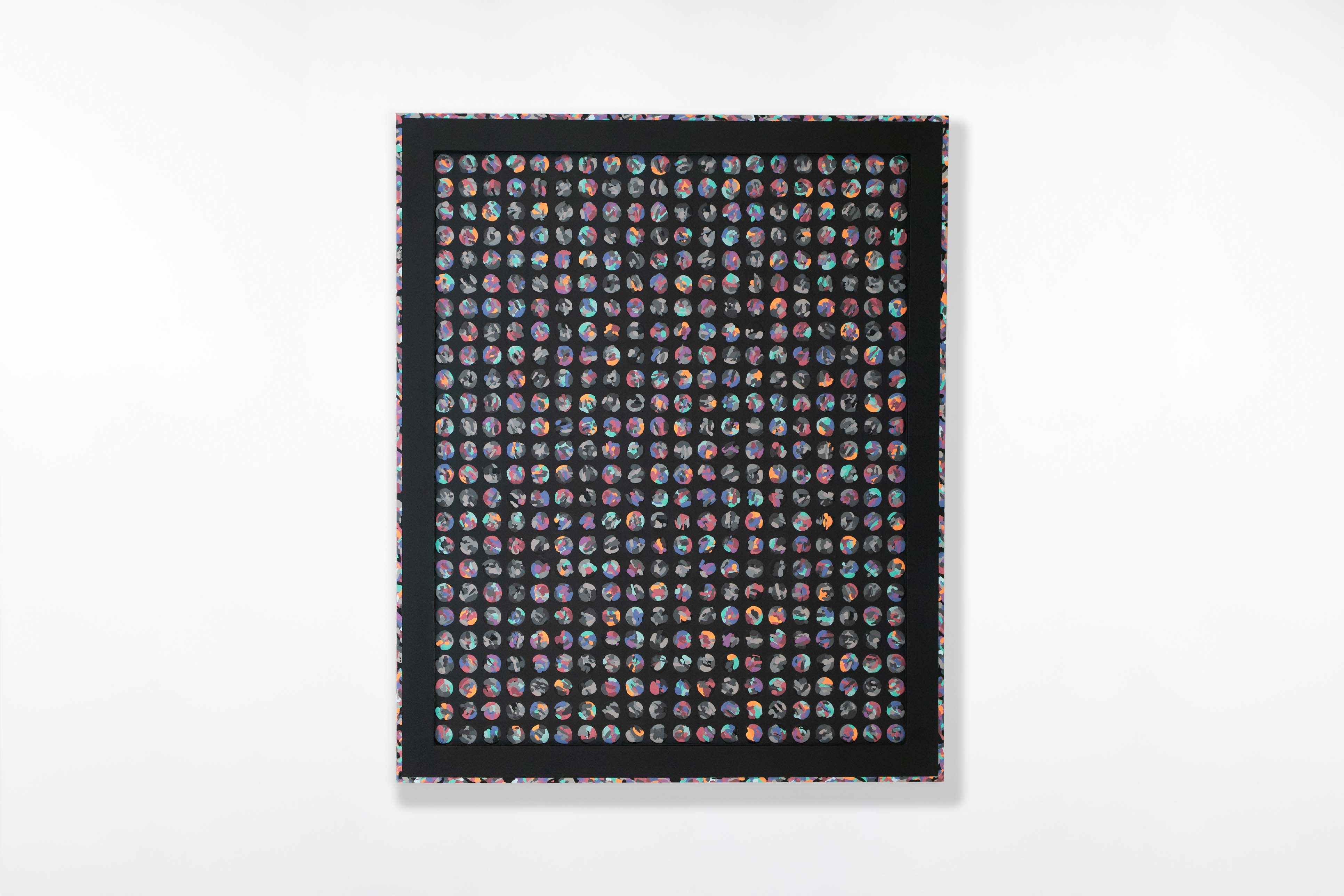 Frontal view of a painting by Cameron Hunt composed of evenly spaced multicoloured circular dots on a black background. The artwork is framed with a matching patterned edge, unifying the colour scheme and visual rhythm.