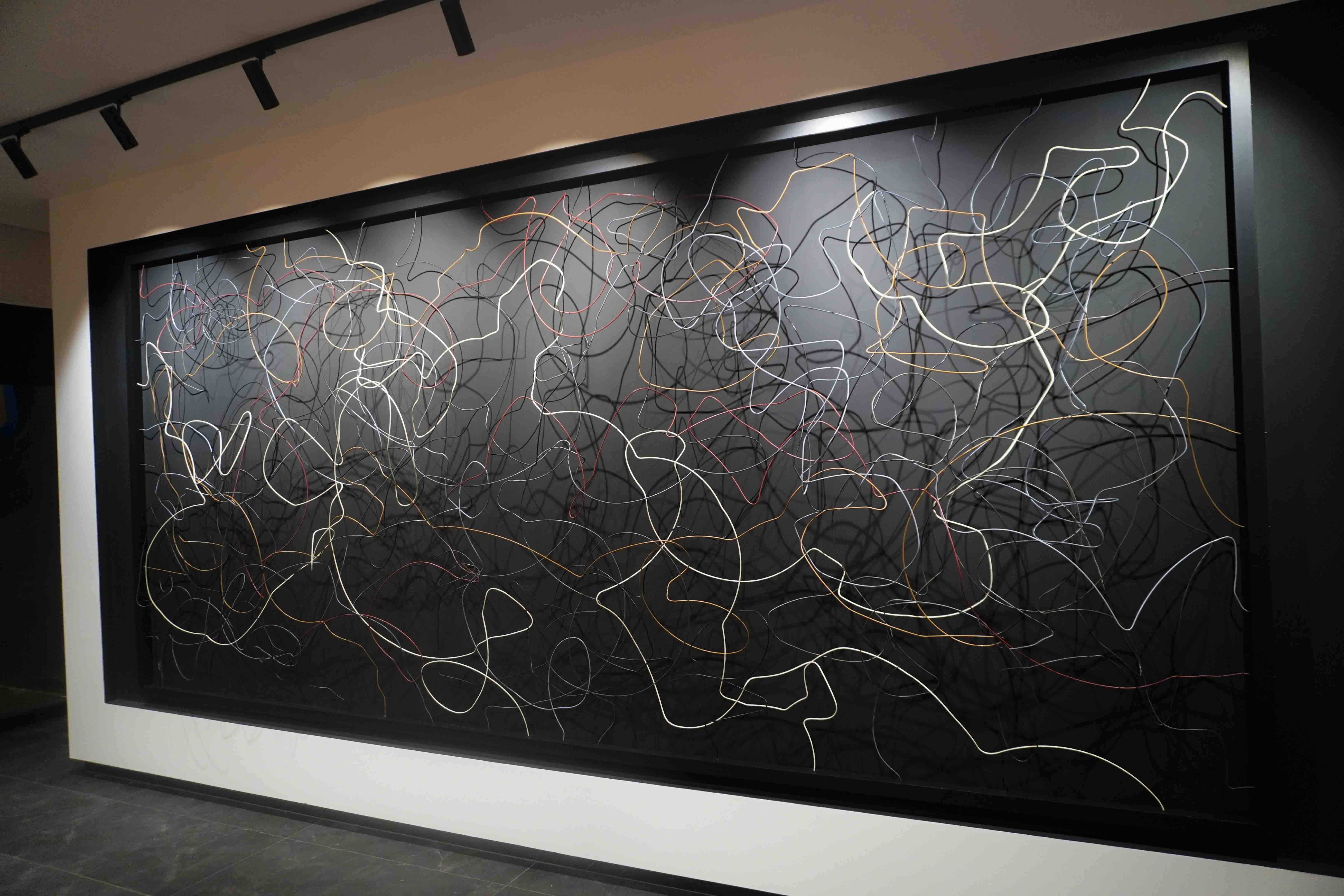 Large framed wire sculpture by artist Cameron Hunt featuring an intricate network of looping coloured wires on a deep black background, creating an abstract tangled pattern.