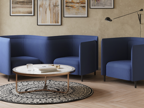 CGI render of a modern sofa with a metal coffee table in a minimalist interior