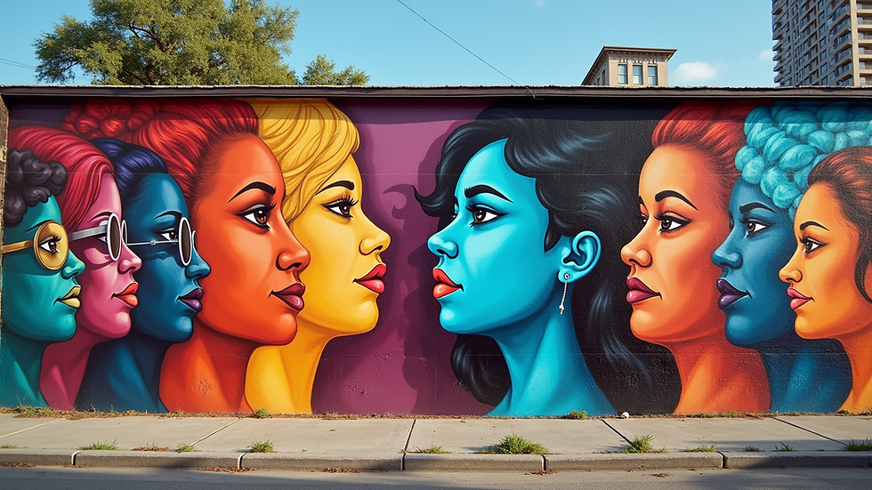 Close-up view of a vibrant mural depicting social change