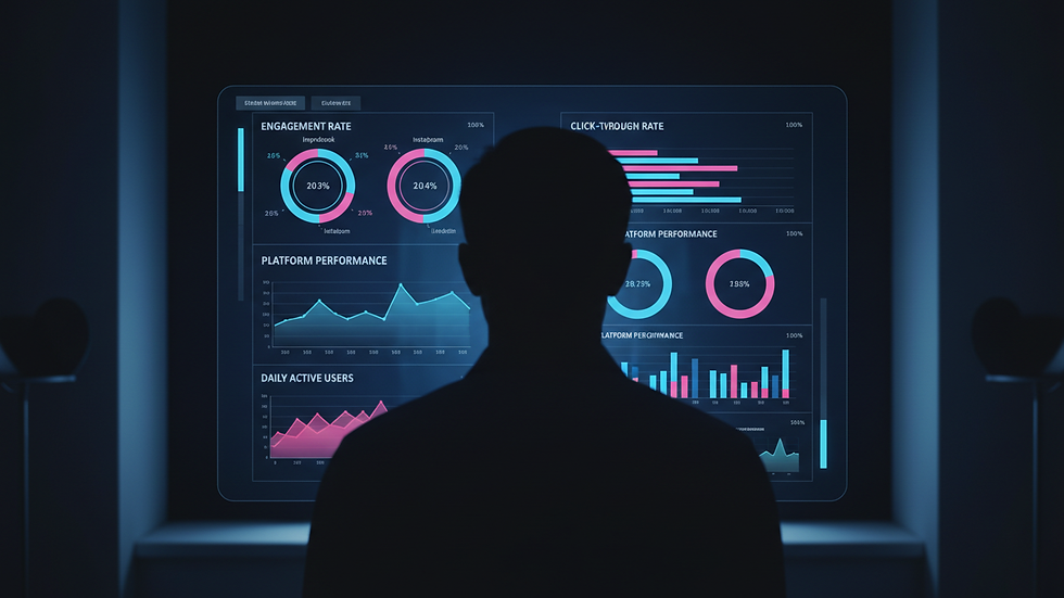 Close-up view of a digital marketing dashboard showing social media metrics