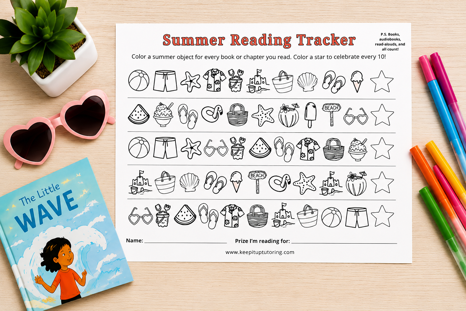 Printable summer reading tracker for kids with coloring icons and reading reward spaces.