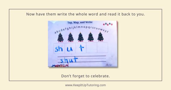 Educational worksheet with "shut" written by a child. Features alphabet and tree graphics. Instructions and website link present.