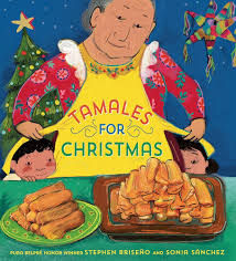 Book cover - grandmotherly woman with 2 children looking at a table of tamales