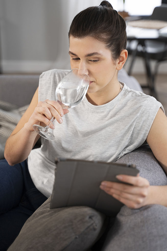 Pregnant woman smiling with clean water