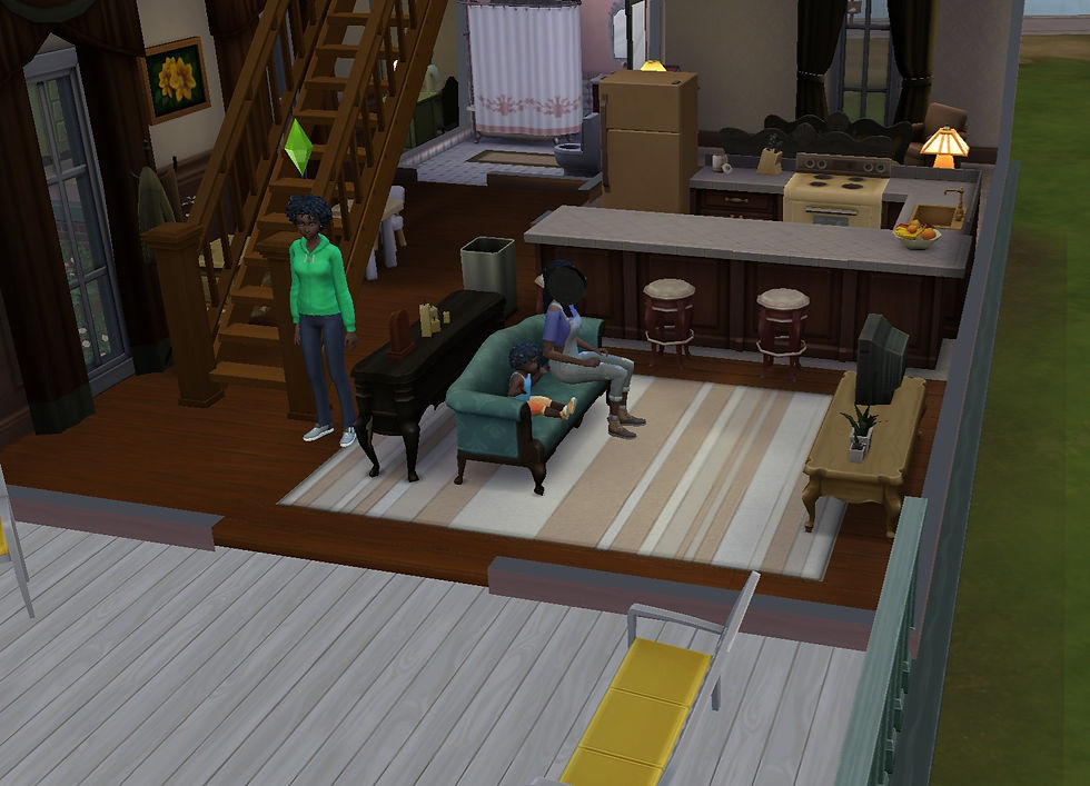 A child Sim talks to his mother while his sister comes down the stairs.