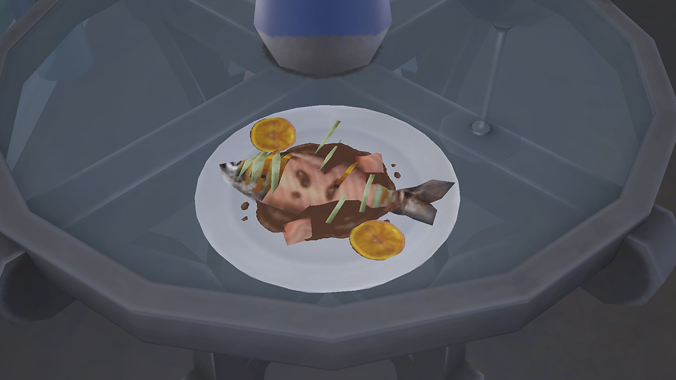 A photo taken by a Sim at a restaurant of her food: Mudcarp