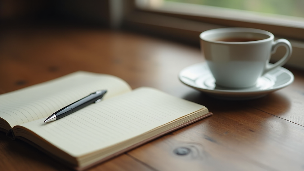 Close-up view of a notebook with a pen and a cup of tea on a wooden table