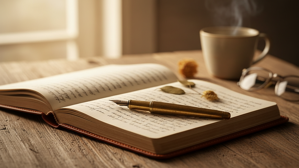 Close-up of a journal and pen on a wooden table with soft natural light