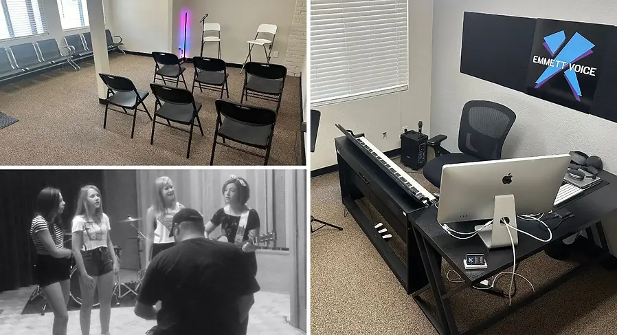Collage of Emmett Hayes Voice Studio with students taking group lessons, a private teaching room, and a group lessons room