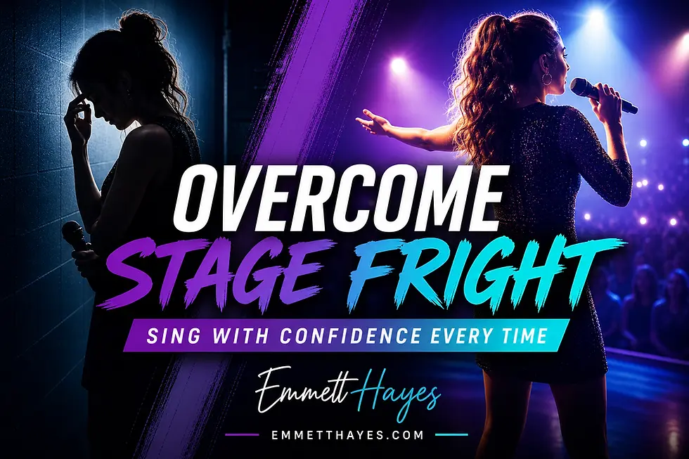 Image of a singer on stage with a microphone hitting a high note after overcoming stage fright.