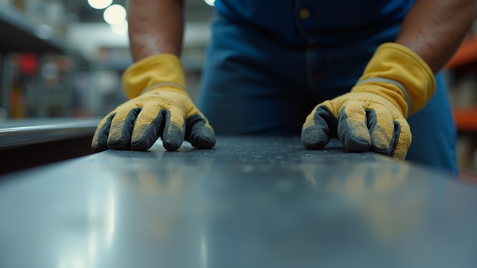 Eye-level view of a worker wearing protective gloves handling metal sheets