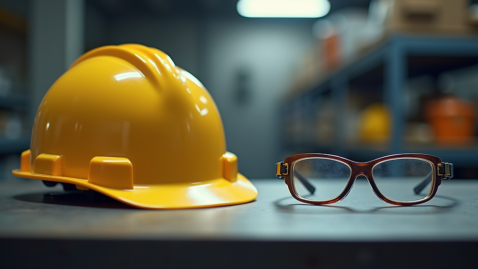 Close-up view of a hard hat and safety goggles on a workbench