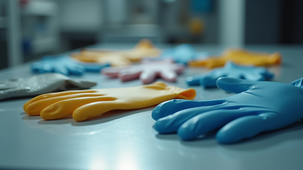 Close-up view of various types of protective gloves arranged on a table