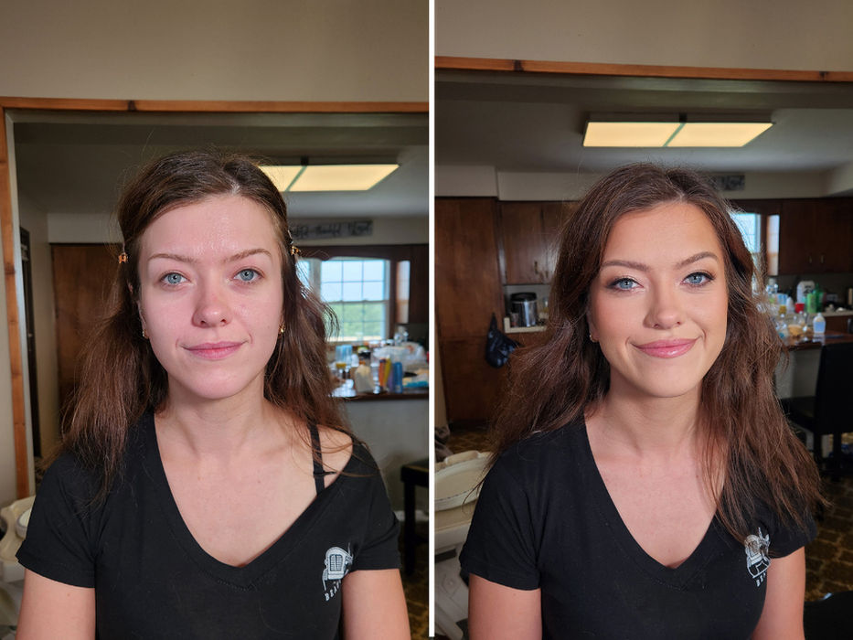 Before and after bridal makeup transformation with defined eyes and soft glam finish in Ontario