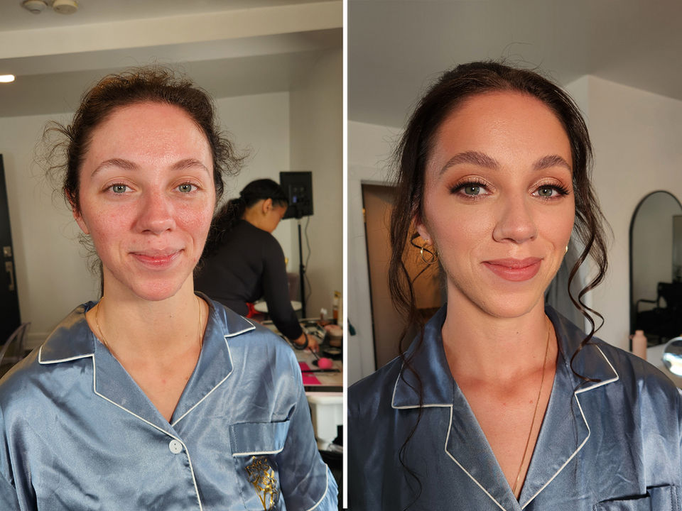 Before and after soft glam bridal makeup look with glowing skin by MarthaK Makeup