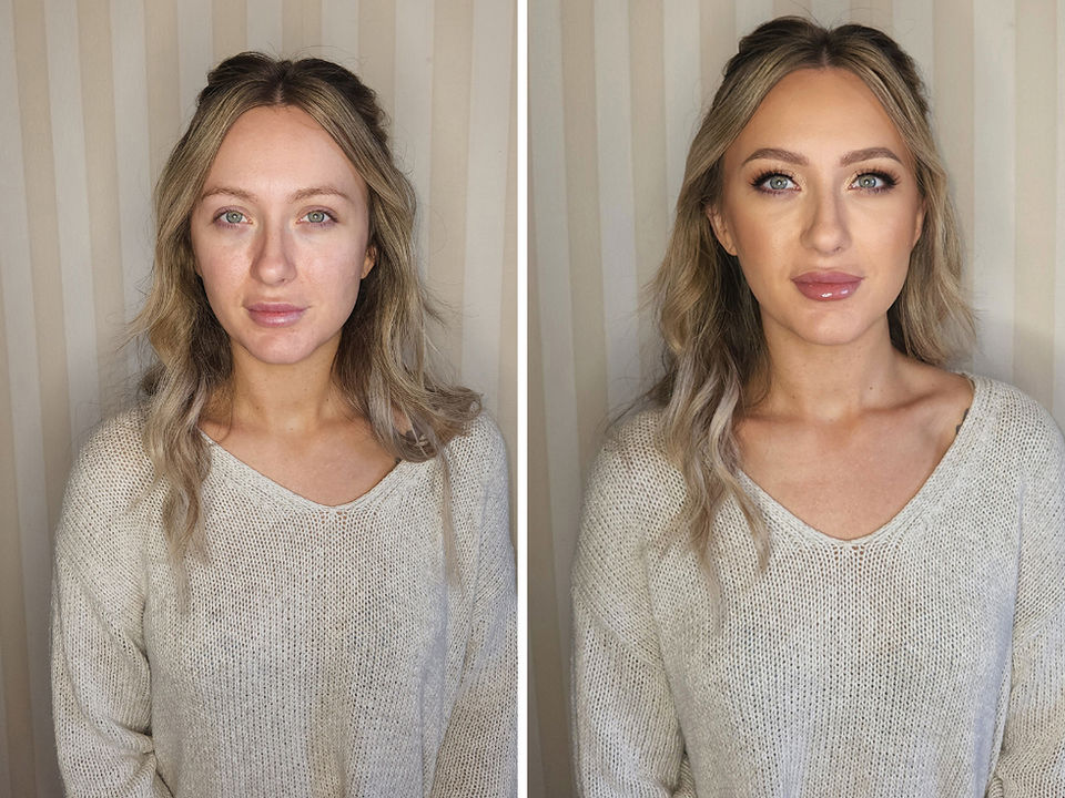 Before and after bridal makeup transformation showing enhanced features and flawless finish