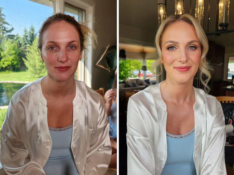 Before and after bridal makeup with flawless complexion and natural enhancement by MarthaK Makeup