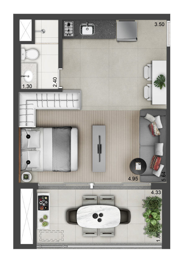 1 DORMITÓRIO ABERTO - 41 M²
