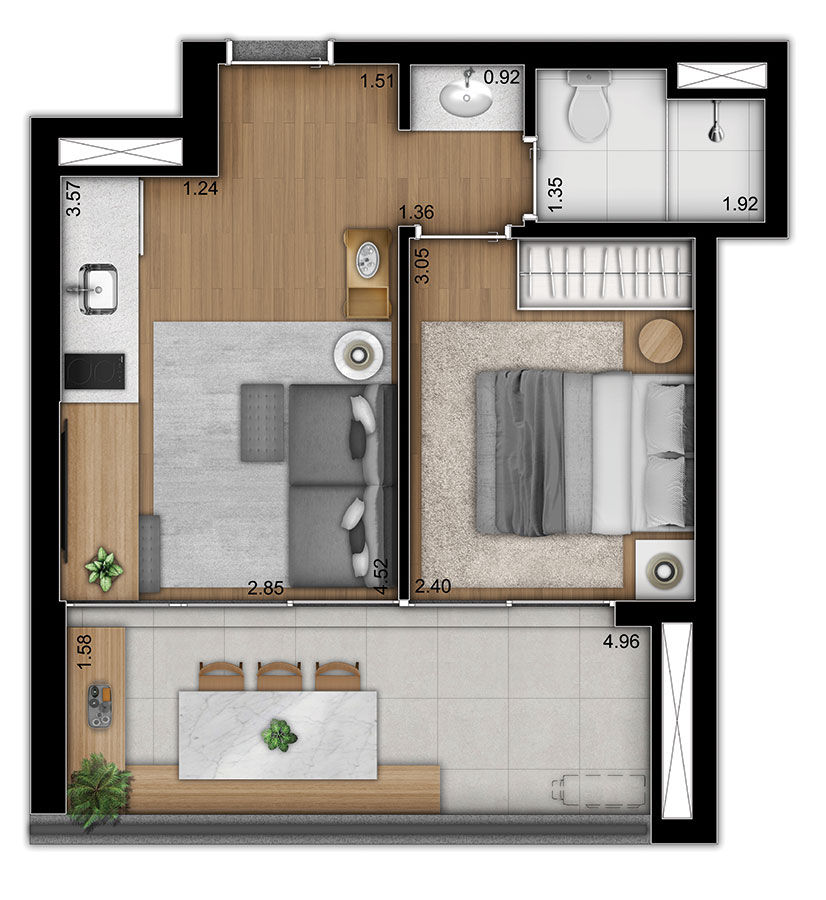 1 DORMITÓRIO - 37M²