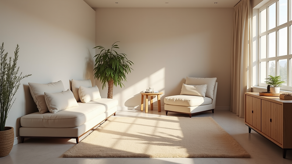 Eye-level view of a calm therapy room with comfortable seating