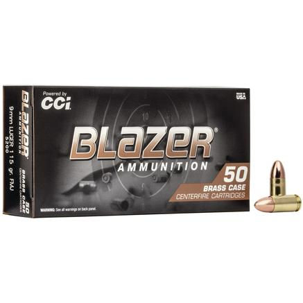 CCI Blazer Brass Handgun Ammunition 9mm Luger 115 gr FMJ 1145 fps 50/ct