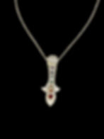 Silver necklace with colorful gems, Chakra Amulet, against black background. Greenvibe Jewelry.