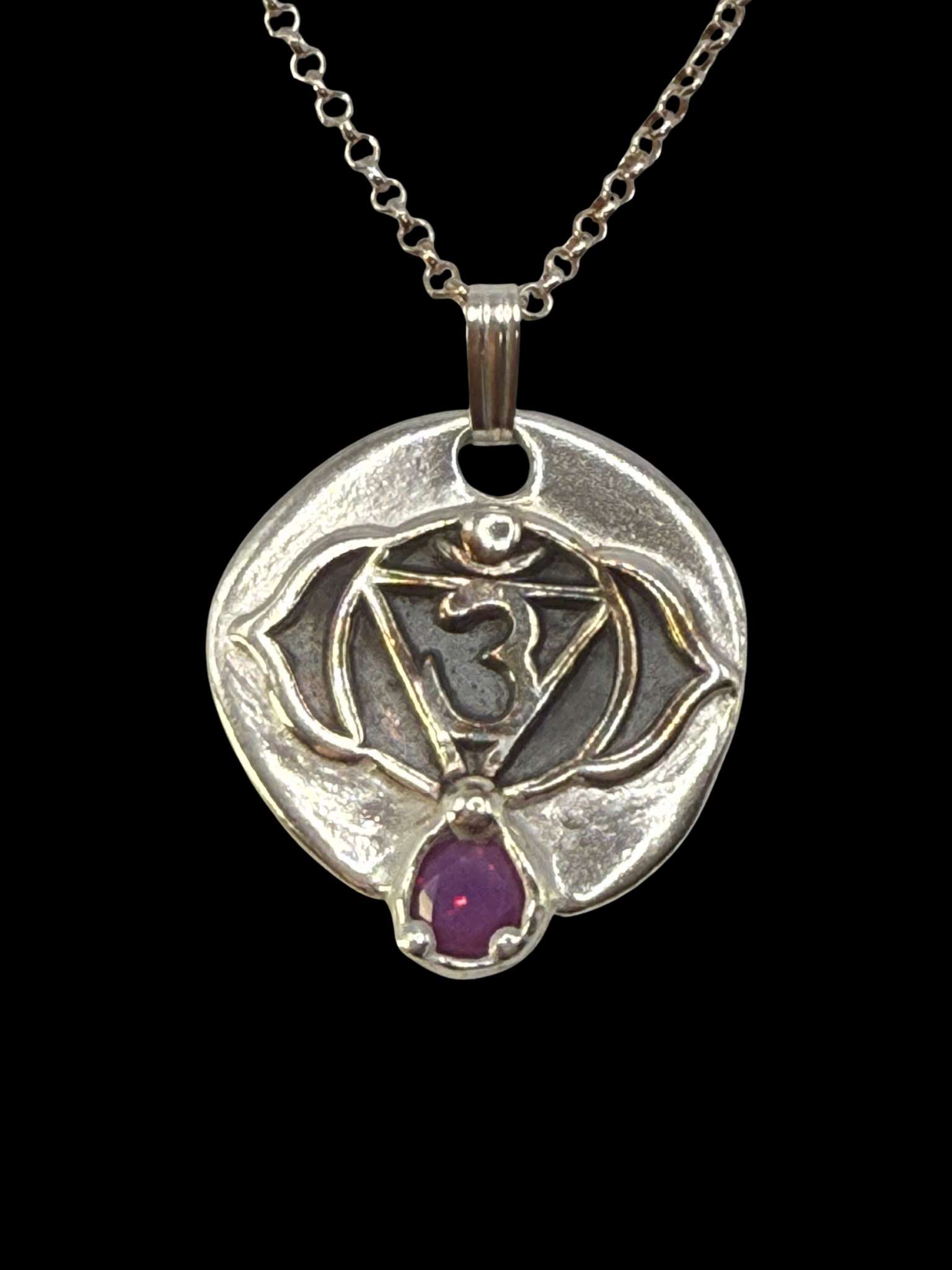 Silver pendant, Third Eye Chakra with a purple Orchid gem third eye pendant. Greenvibe Jewelry.