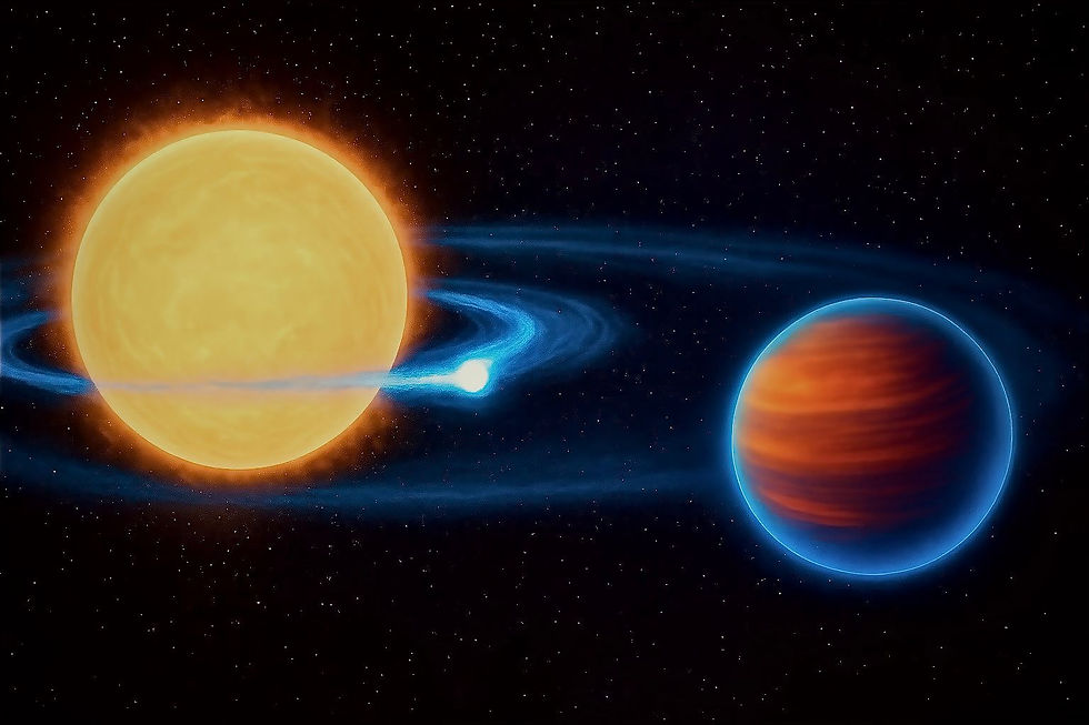 Atmósferas compartidas: Un planeta gigante es destruido por fuerzas de marea cercanas a su estrella. Parte de su atmósfera se dispersa hacia el exterior y es capturada por un planeta más pequeño, dando lugar a una atmósfera secundaria observable.