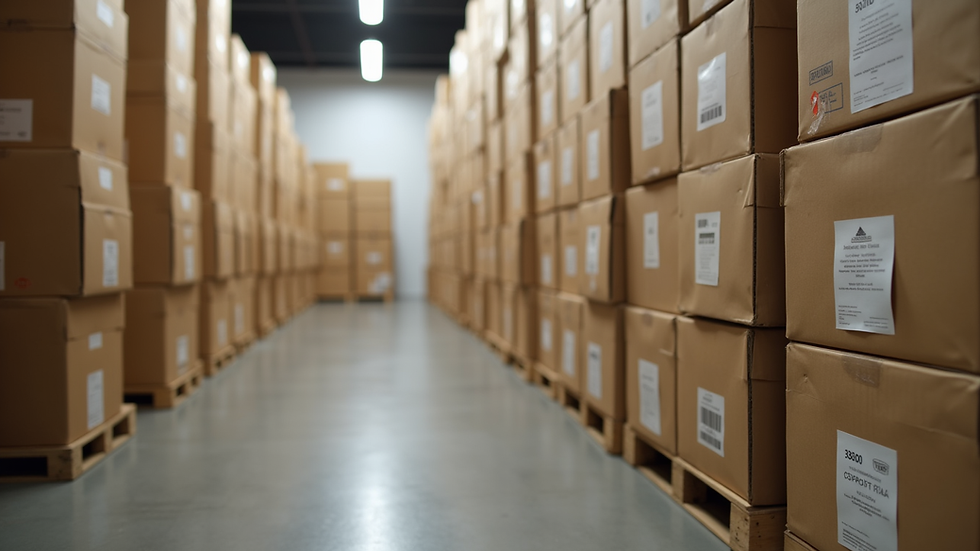 Close-up view of neatly stacked and labeled furniture boxes in a secure storage facility