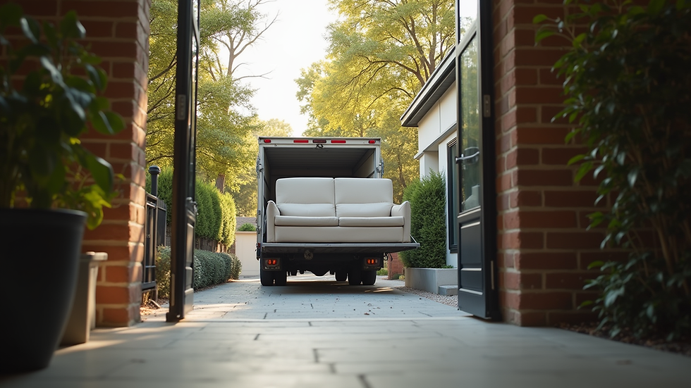 Eye-level view of a delivery truck unloading a large sofa at a residential entrance