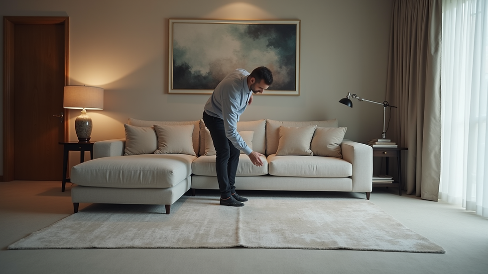 Eye-level view of a professional assembling a luxury sofa in a modern living room