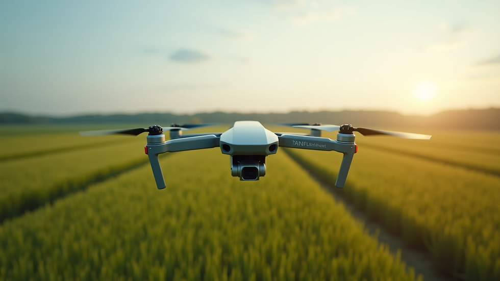Eye-level view of a drone flying over a field during agricultural monitoring
