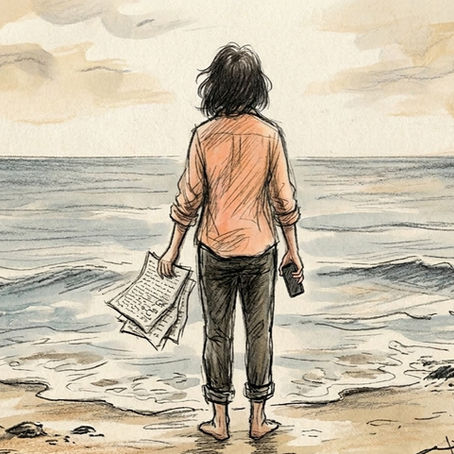 A person stands on a beach, holding papers and a phone. They face the sea under a cloudy sky, evoking a contemplative mood.