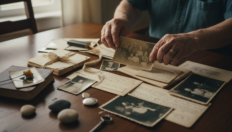 Close-up of hands sorting printed photos and keepsakes on a wooden table.