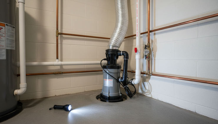 Eye-level view of a sump pump in a clean basement utility area.