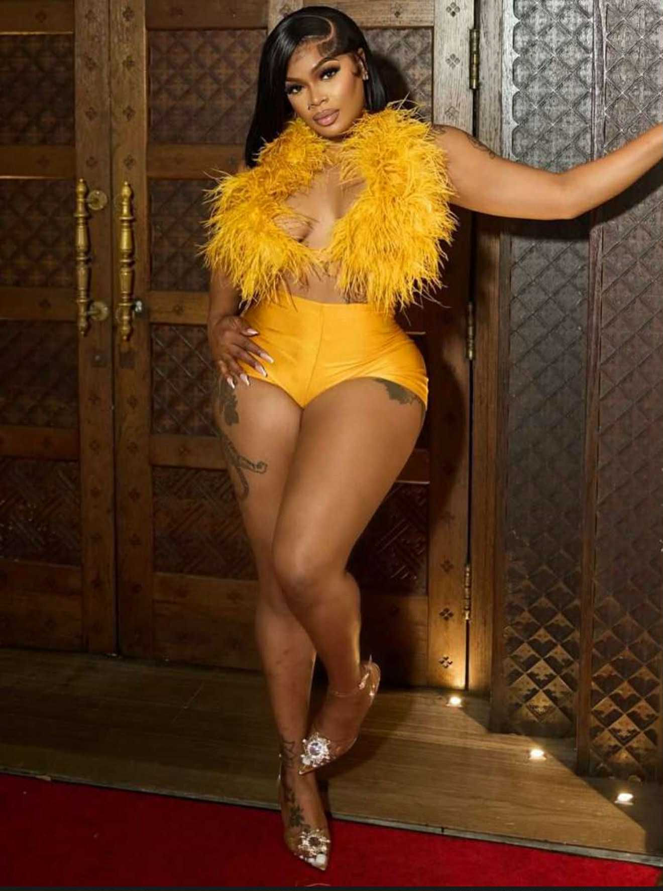 Feather Tie-Wrap Backless Satin Short Set