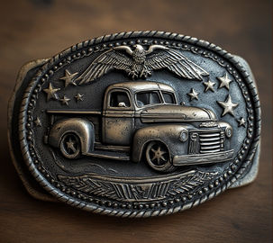 Bronze belt buckle featuring an old pickup truck, eagle, and stars design.