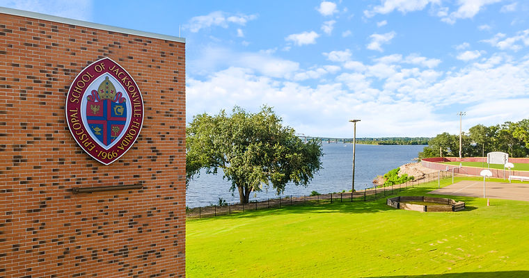 Episcopal School of Jacksonville Logo atop the Haskell Center of Science and Student Living
