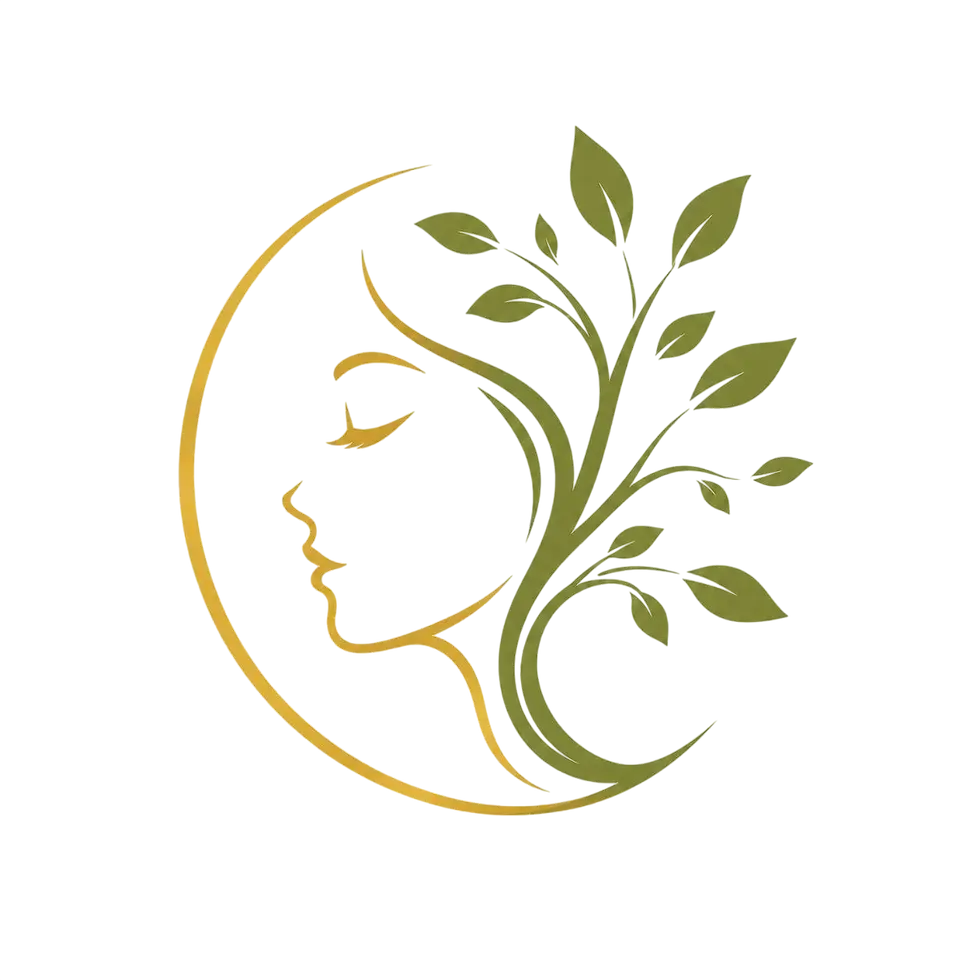 Logo RV Mente Saudável: rosto feminino de perfil em linha dourada formando um círculo, com galhos e folhas verdes saindo da cabeça, fundo branco, formato quadrado, estilo minimalista, cores verde e dourado.