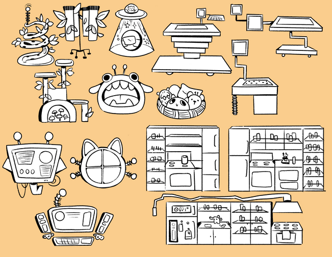 various science gadgets and plush monsters in a layout