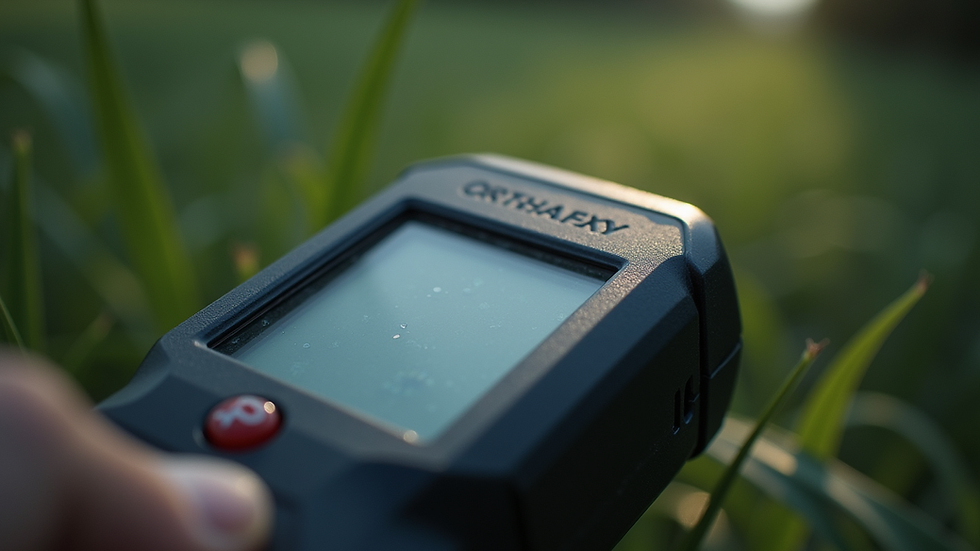 close-up view of a handheld Japanese-made bug detector with digital display