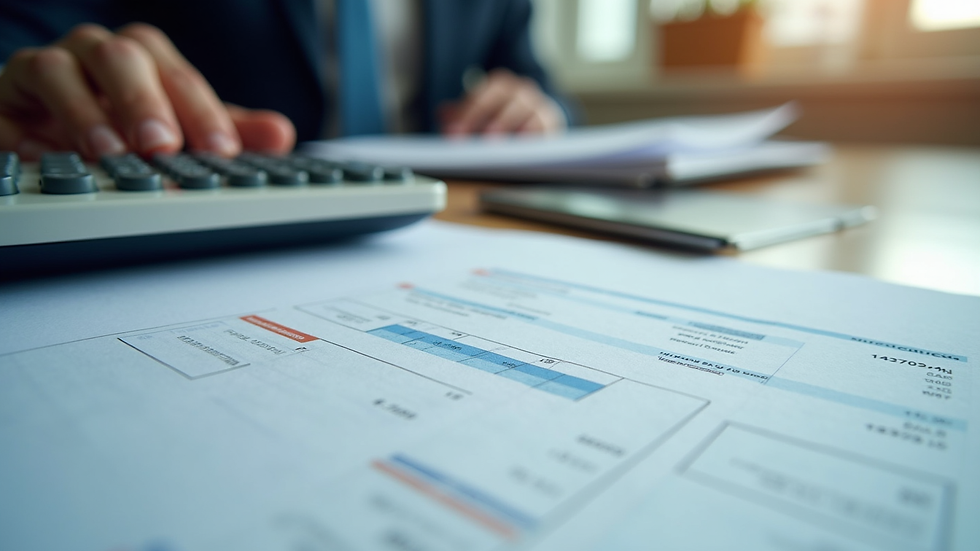 Eye-level view of a desk with financial documents and a calculator