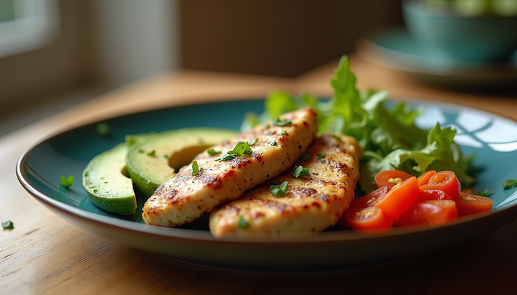 Eye-level view of a colorful plate with lean protein, vegetables, and healthy fats