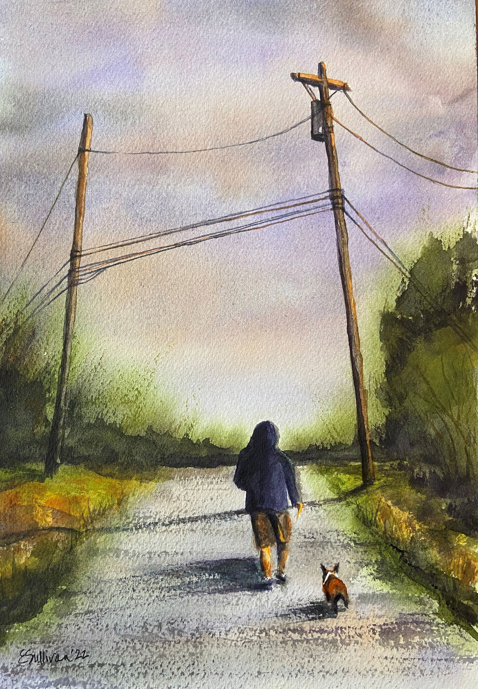 man walking with dog watercolor