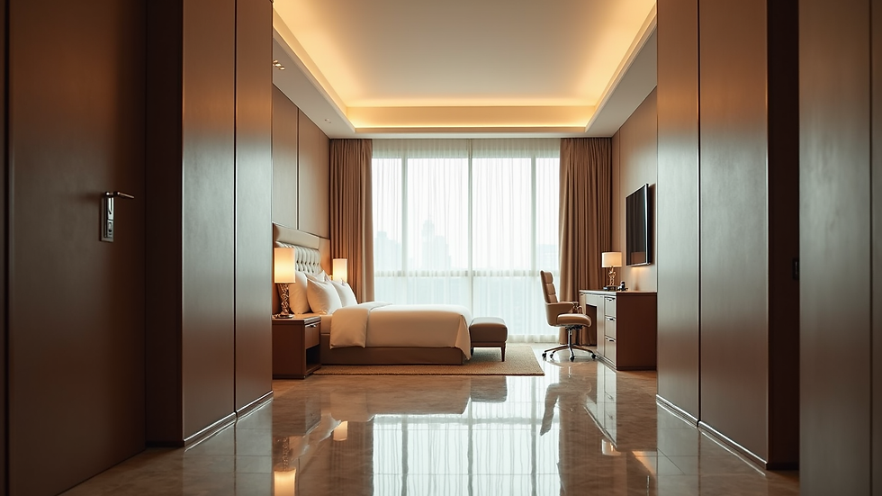 Eye-level view of a luxury hotel suite with elegant decor