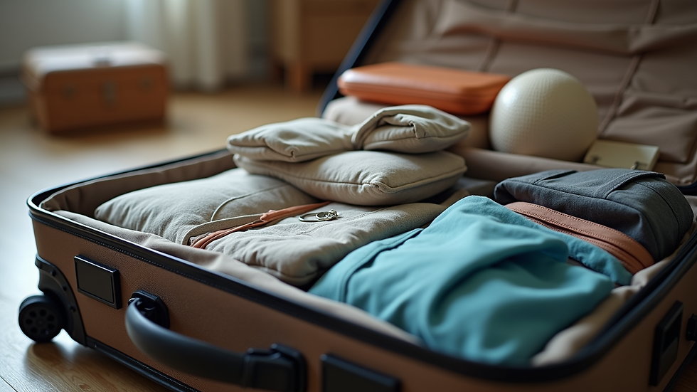 Close-up view of a neatly packed suitcase with organized travel essentials