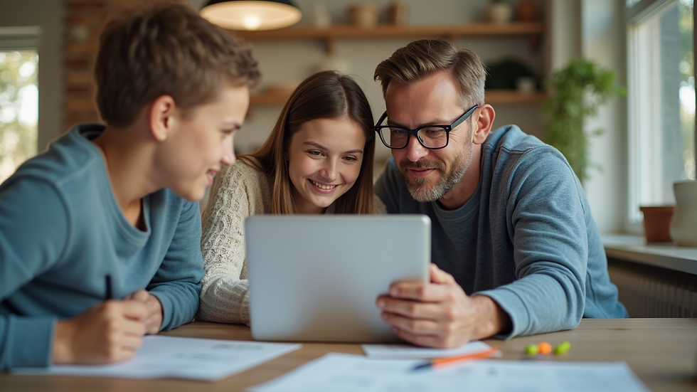 Eye-level view of a family gathered around a laptop planning a trip